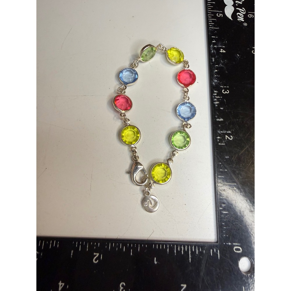 Swarovski Multi Color Crystal Bezel Set Swan Charm Bracelet Silver Tone 7.5in